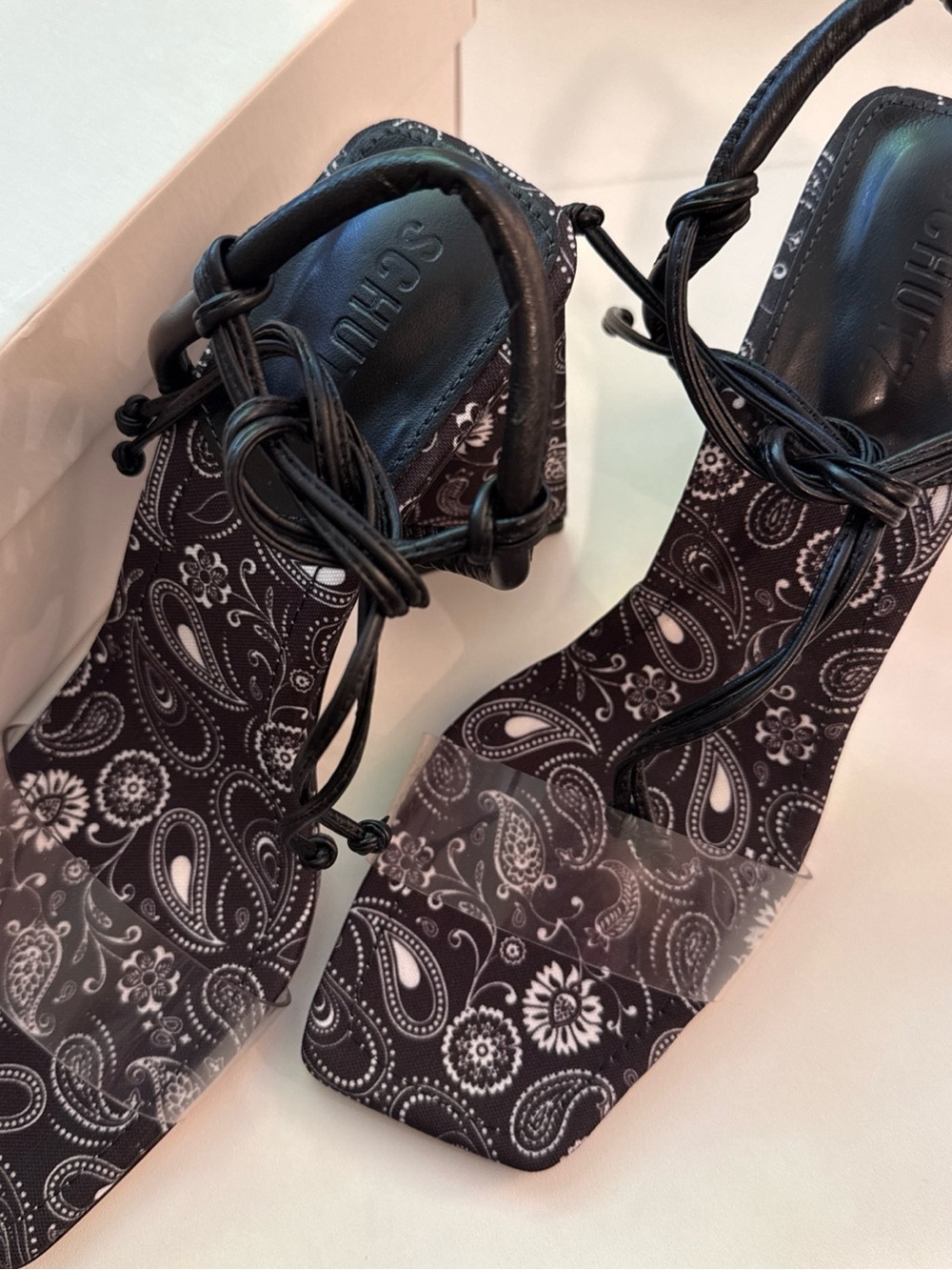 SCHUTZ Black Paisley Triangle-shaped Heel Sandals with Clear Strap size 8B